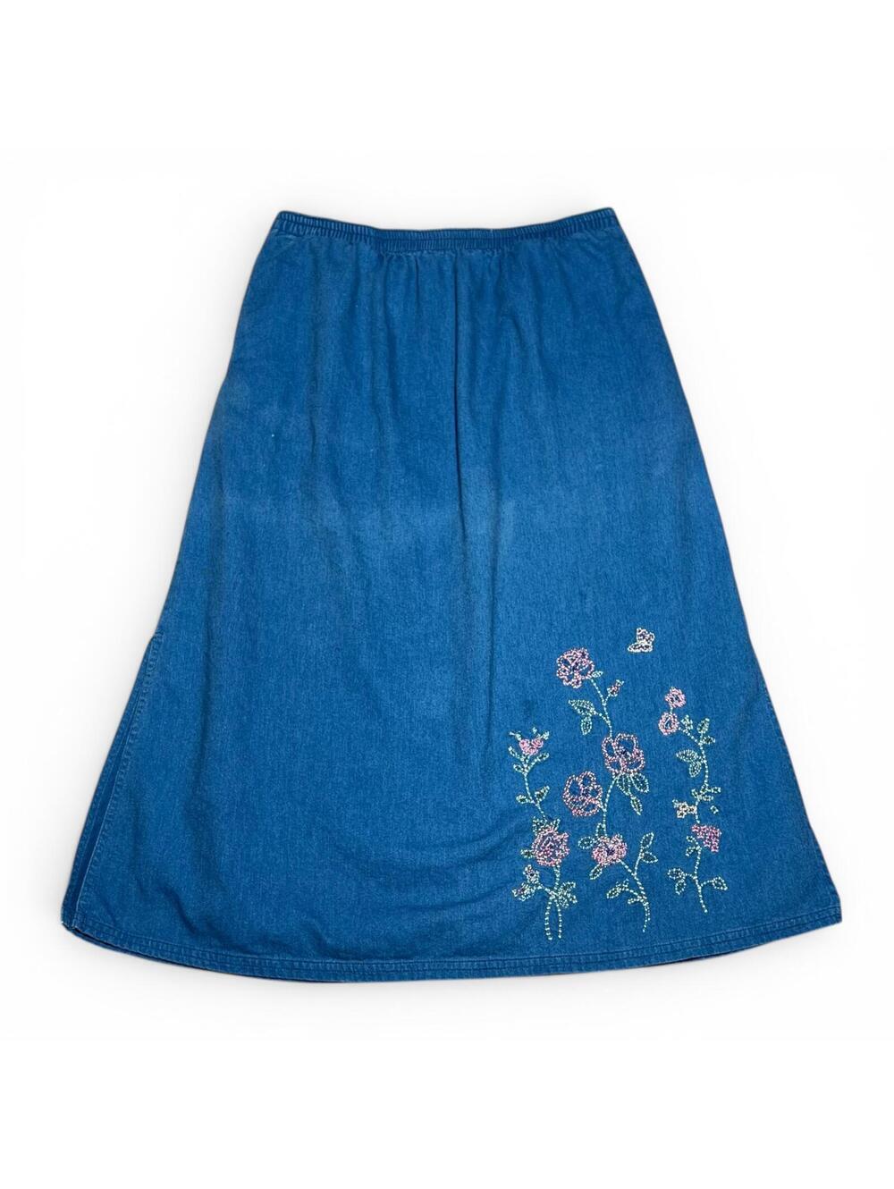 Vintage 90s Denim Floral Embroidered Midi Skirt